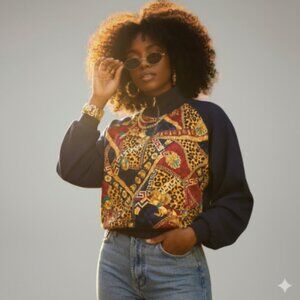 Vintage 80s 90s Silver Threads Baroque Leopard Print Sweatshirt M Streetwear